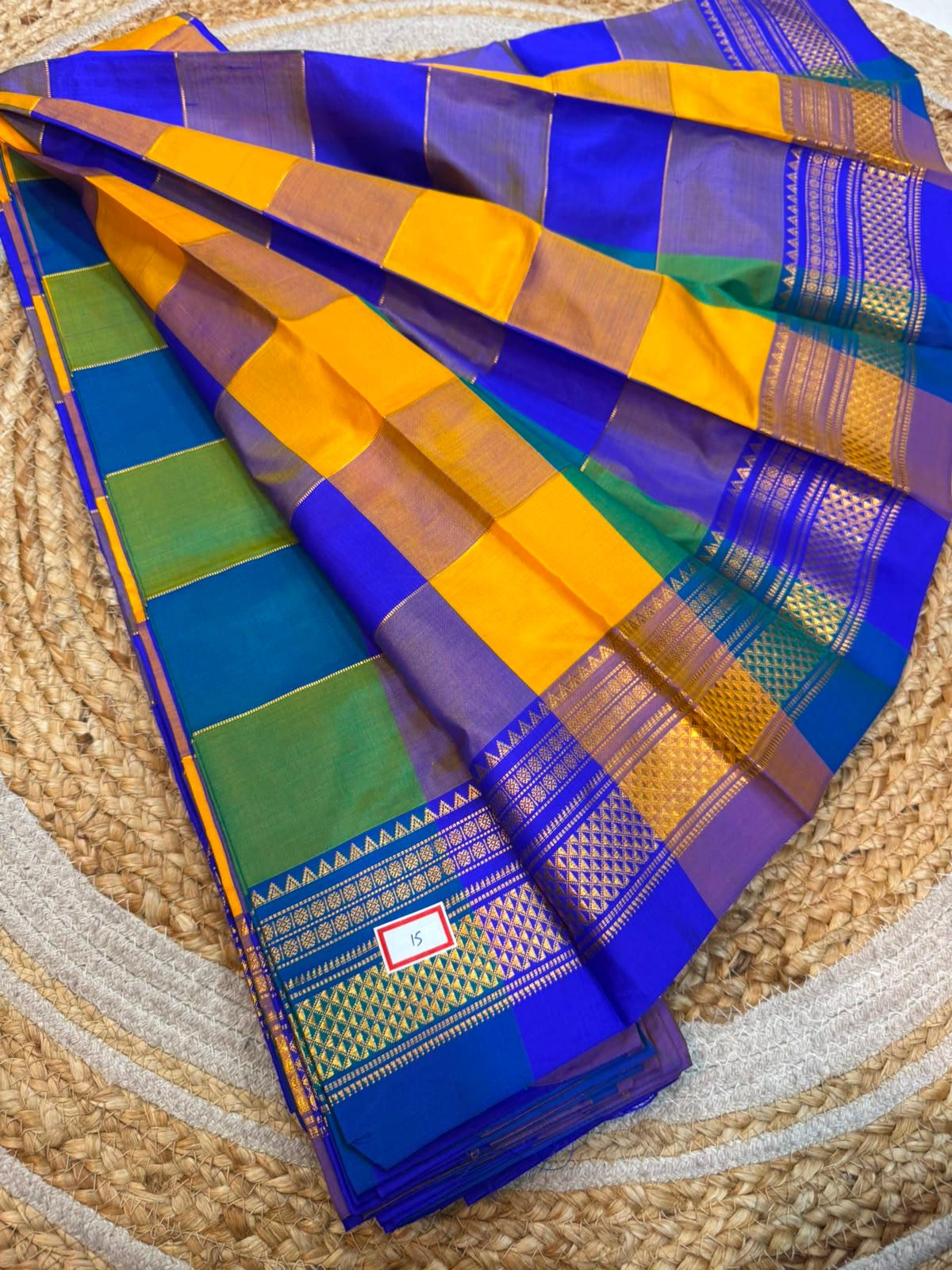 *ILKAL SAREE WITH SILK MARK*
Exclusive premium quality pure silk Multi colour checks with zari lines design ilkal saree With Fancy Temple design Jari Pallu and contrast blouse
6.10mtrs length
Premium quality ilkal saree