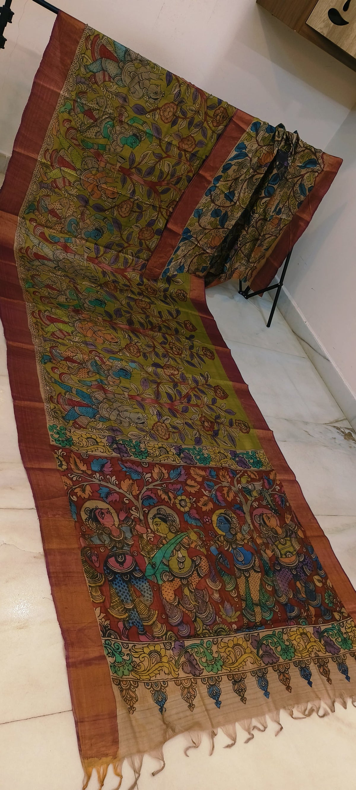 Pen kalamkari on tussar silk
pure desi tussar silk hand painted saree