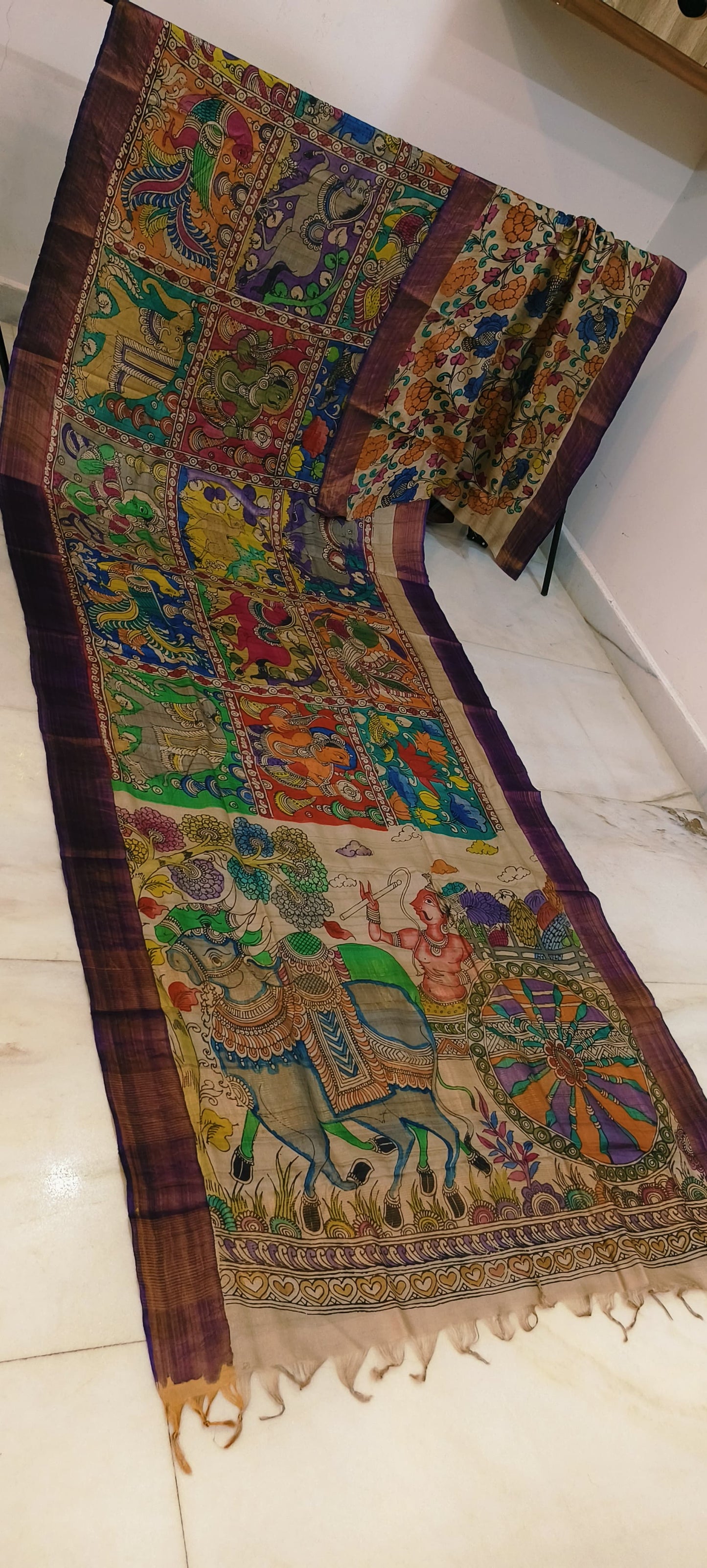 Pen kalamkari on tussar silk
pure desi tussar silk hand painted saree