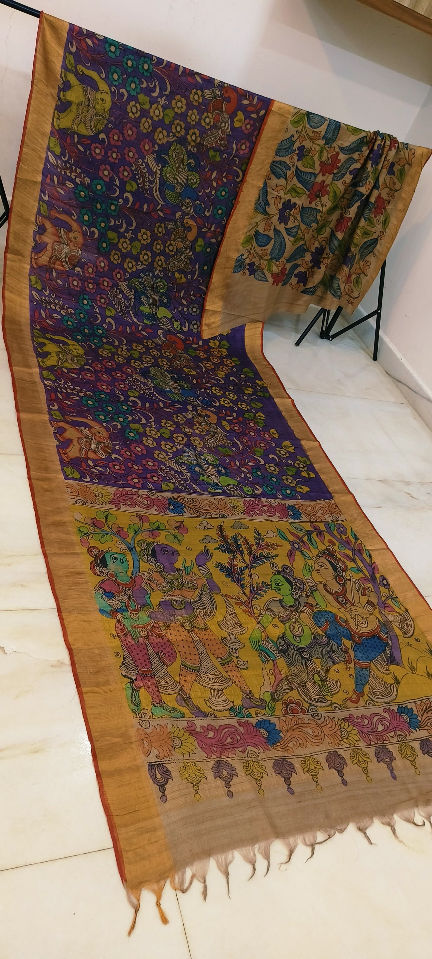 Pen kalamkari on tussar silk
pure desi tussar silk hand painted saree