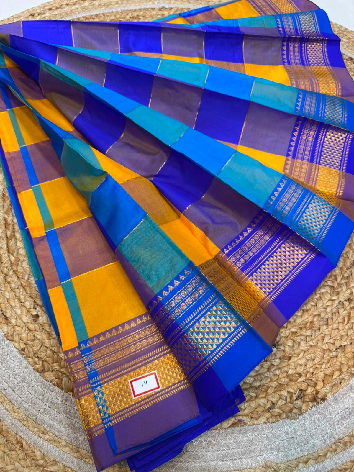 *ILKAL SAREE WITH SILK MARK*
Exclusive premium quality pure silk Multi colour checks with zari lines design ilkal saree With Fancy Temple design Jari Pallu and contrast blouse
6.10mtrs length
Premium quality ilkal saree