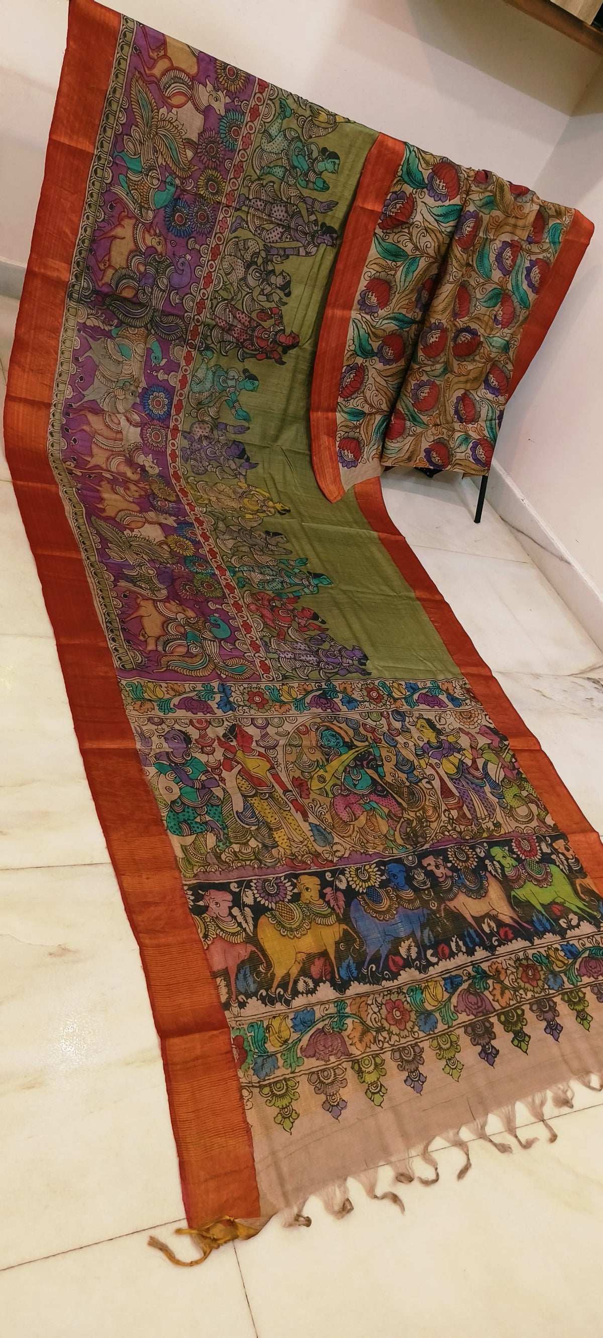 Pen kalamkari on tussar silk
pure desi tussar silk hand painted saree