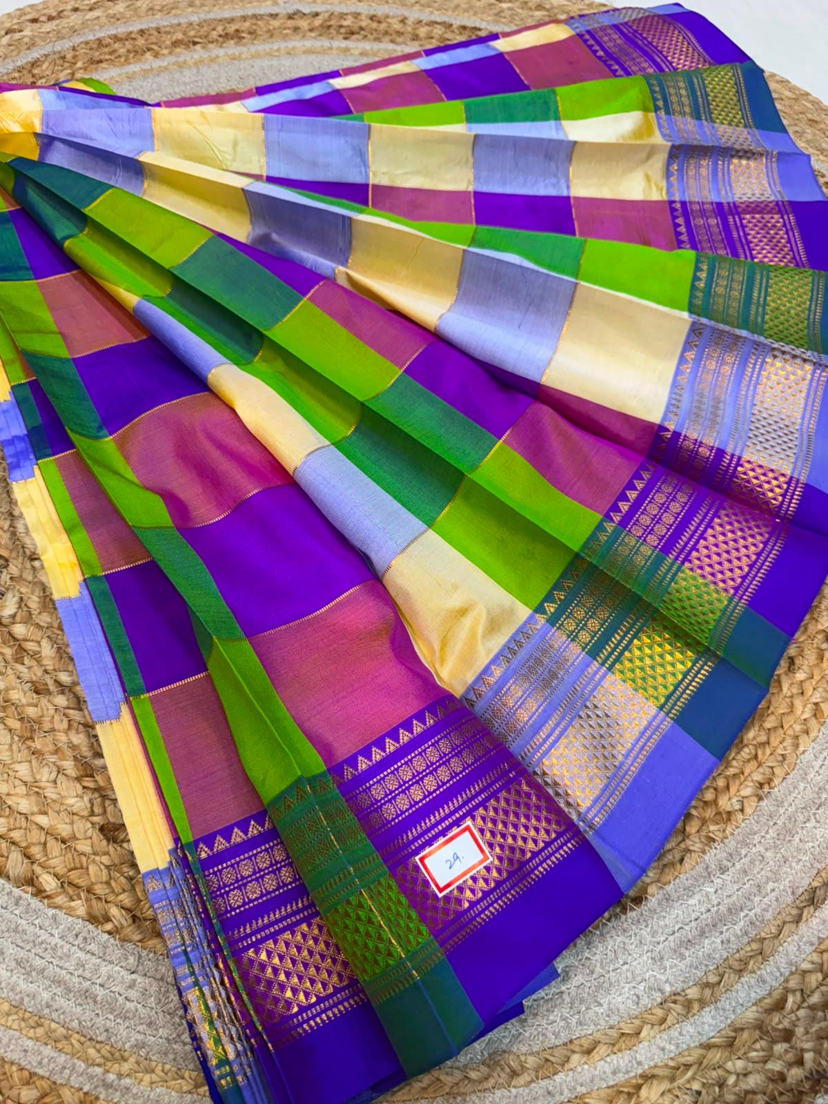 *ILKAL SAREE WITH SILK MARK*
Exclusive premium quality pure silk Multi colour checks with zari lines design ilkal saree With Fancy Temple design Jari Pallu and contrast blouse
6.10mtrs length
Premium quality ilkal saree