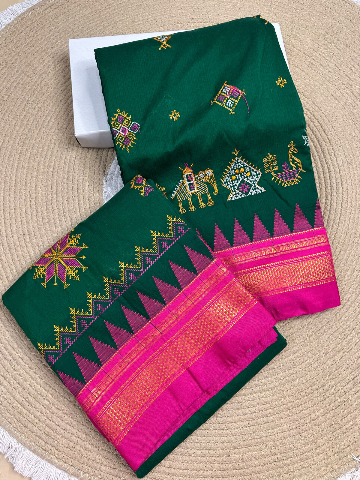 Material - Maserised cotton
Border - Temple border, Chikki Paras
Saree Name -Tana warpa kasuti saree
Pallu -Ilkal pallu
Blouse -contrast
Handloom -no
Saree length- 6.2