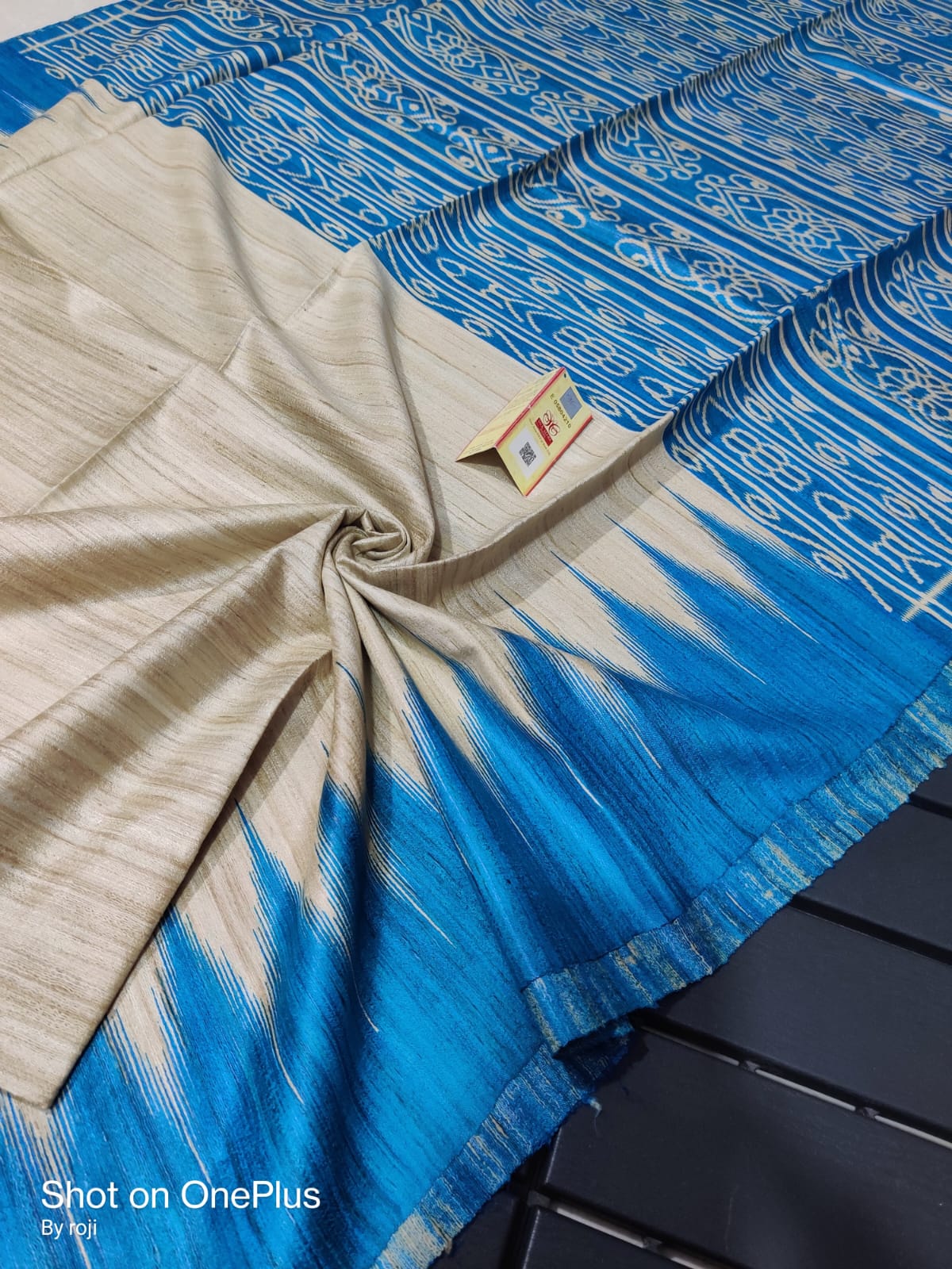 tussar gheecha screen printed saree with silk mark