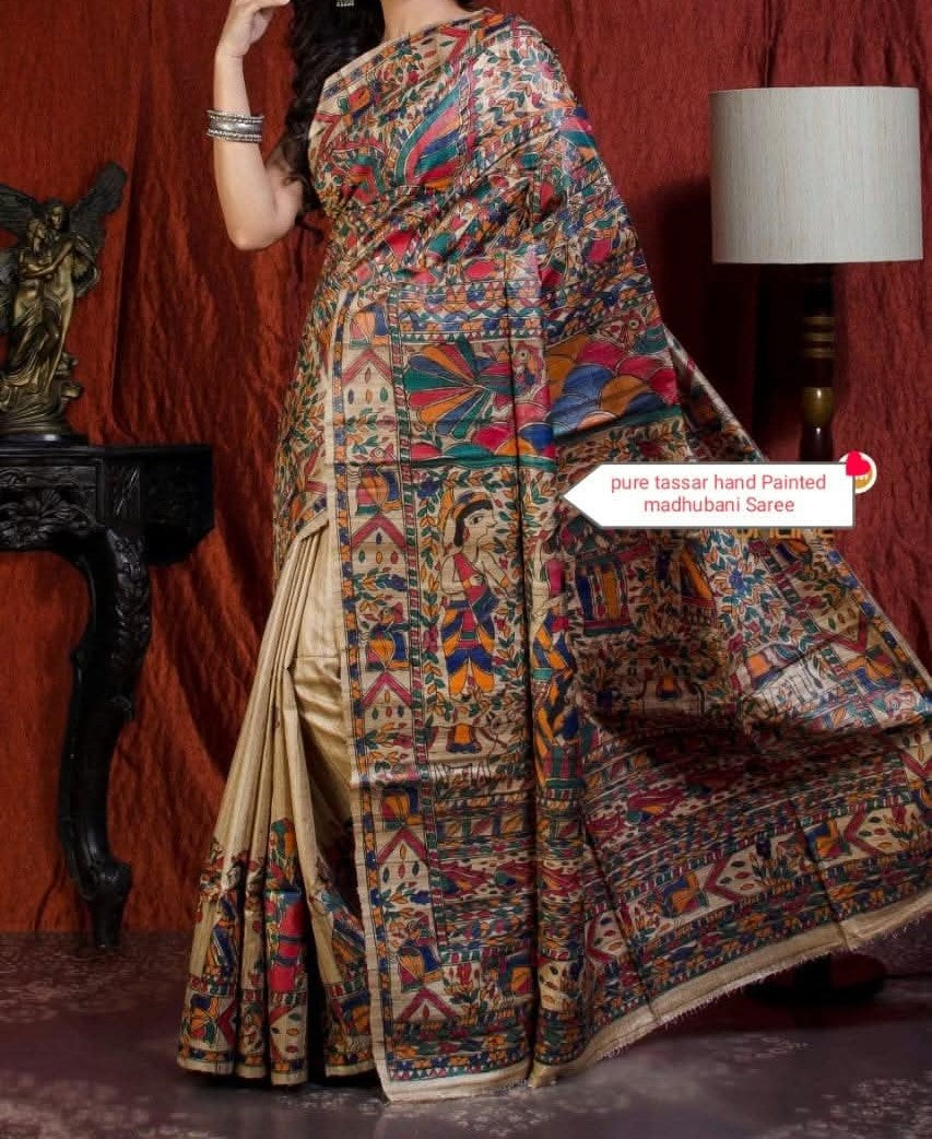 Groshika | Pure Tussar Ghicha Madhubani Saree