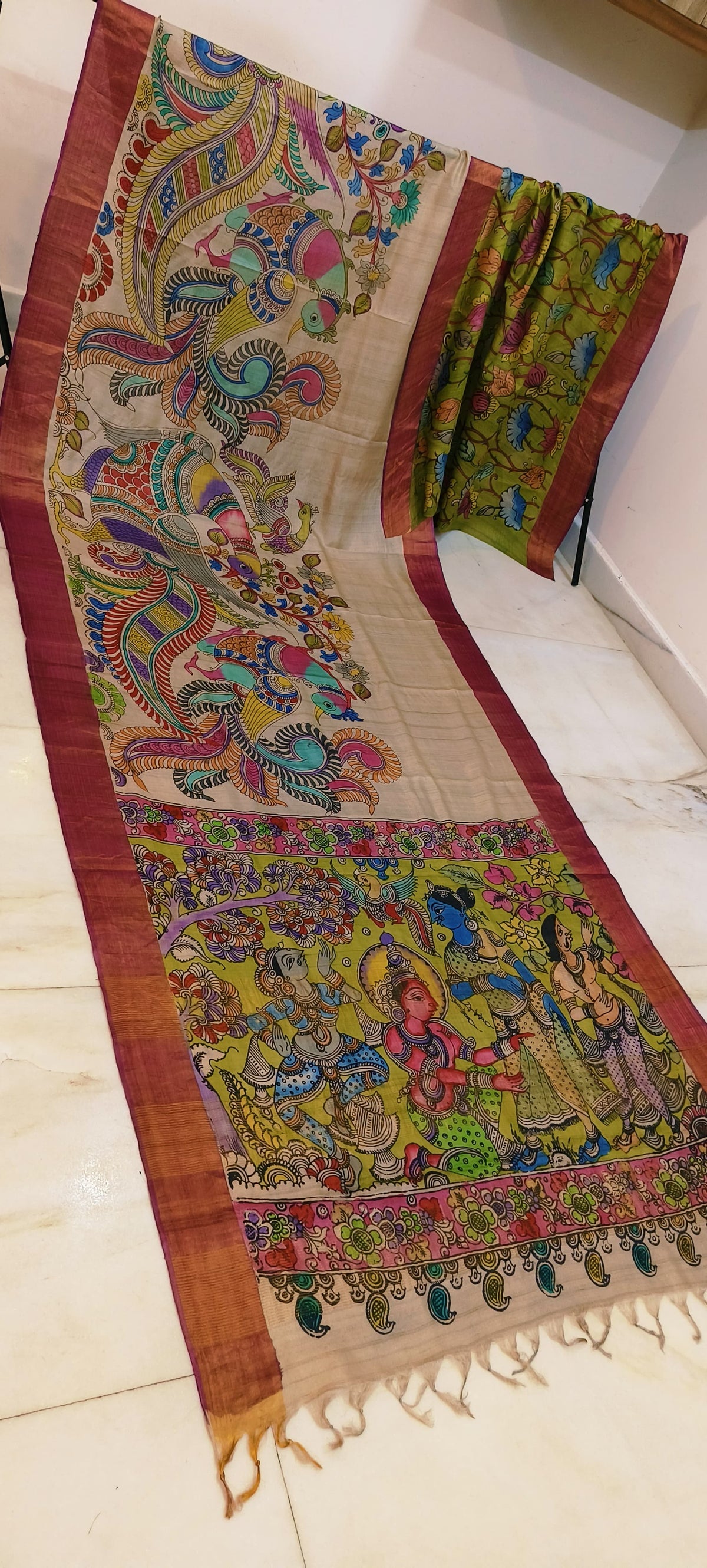 Pen kalamkari on tussar silk
pure desi tussar silk hand painted saree