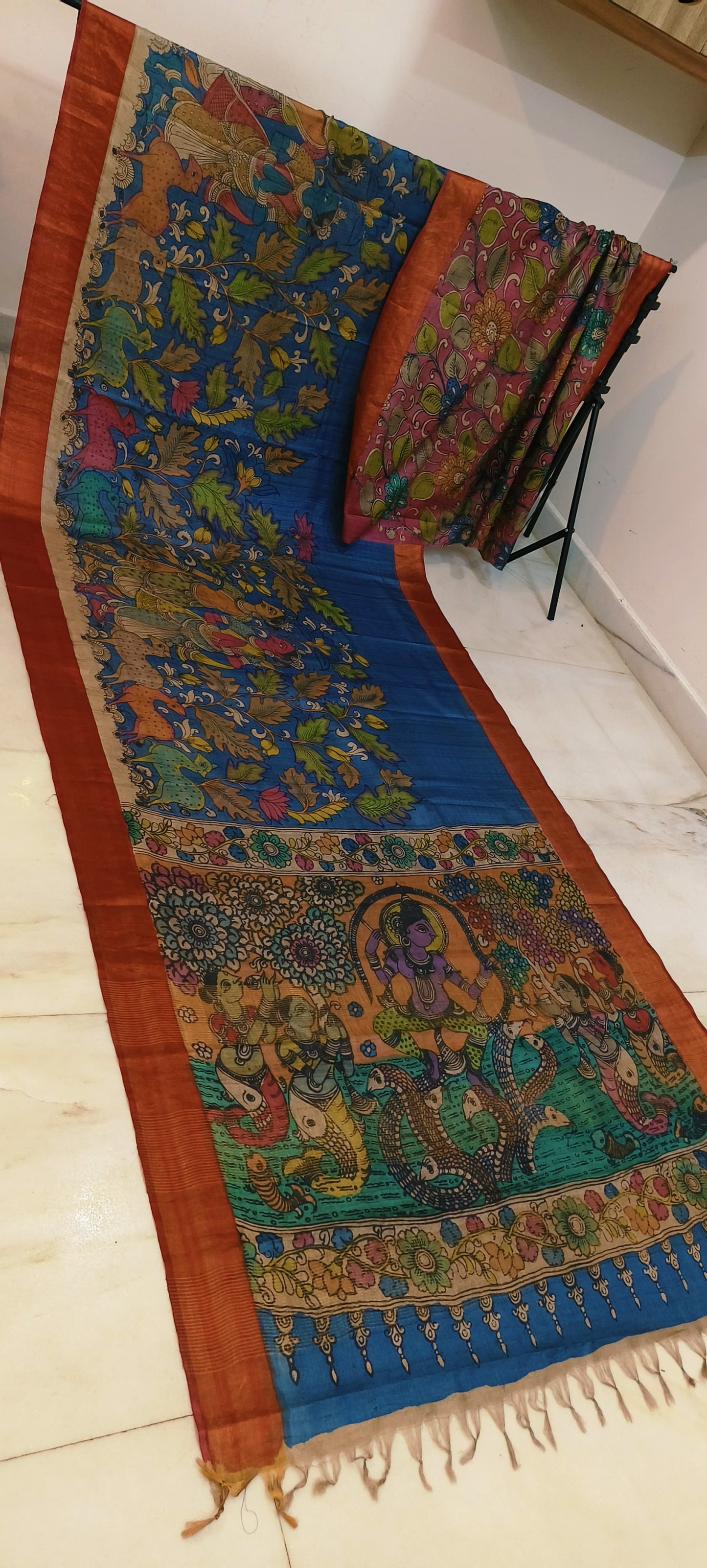 Pen kalamkari on tussar silk
pure desi tussar silk hand painted saree
