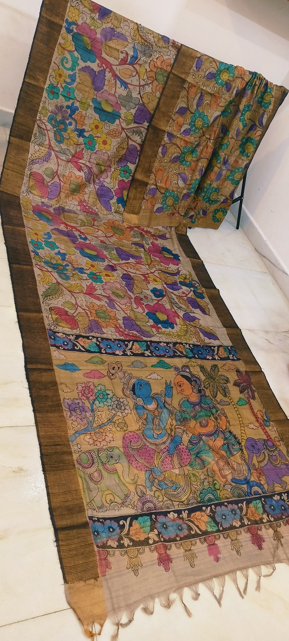 Pen kalamkari on tussar silk
pure desi tussar silk hand painted saree