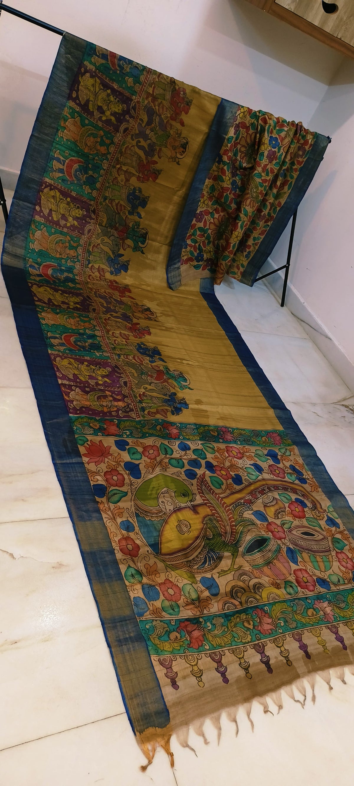 Pen kalamkari on tussar silk
pure desi tussar silk hand painted saree