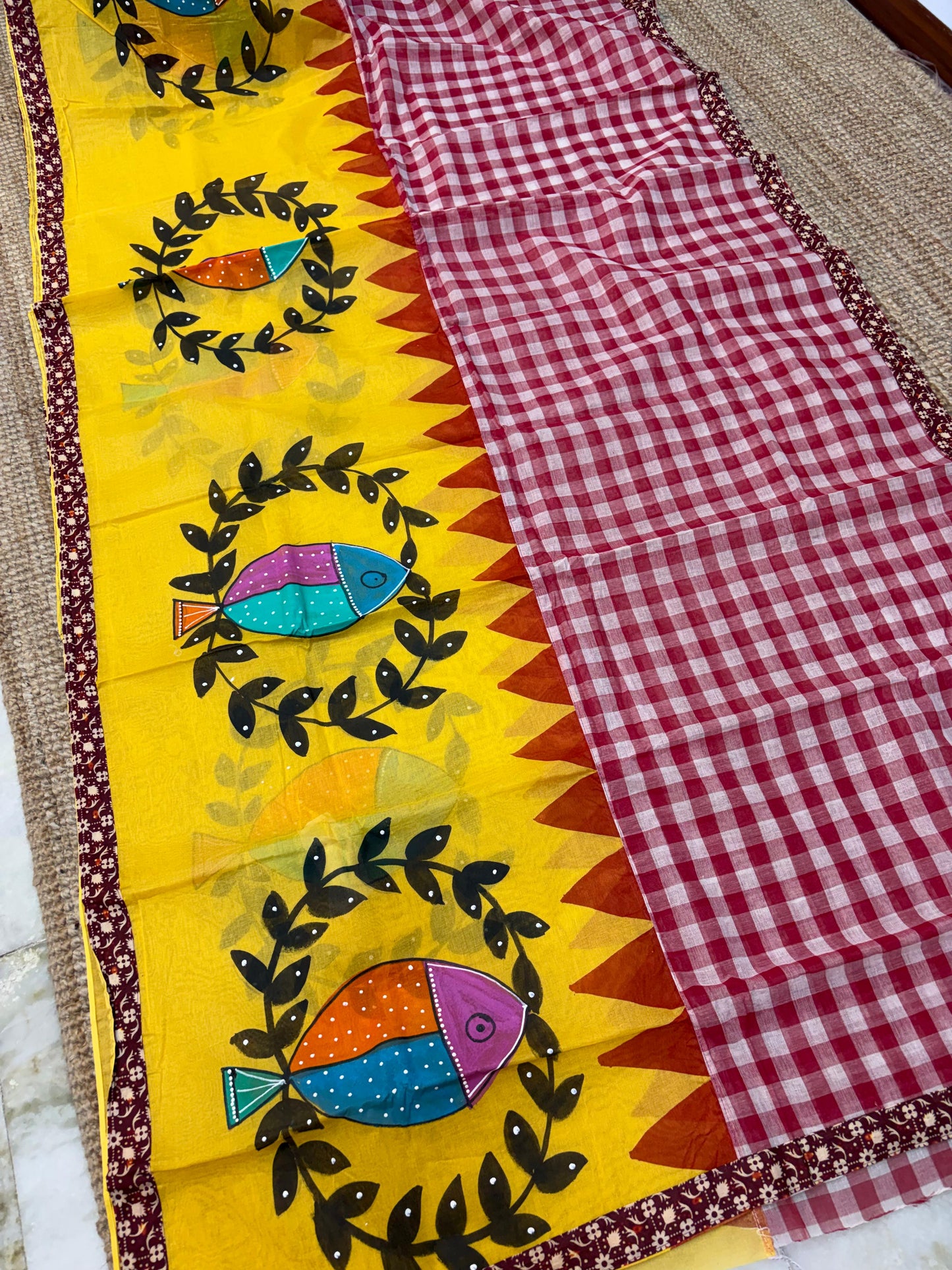 Boutique collection
2 in one
Hand painted & Dhonekhali Gamcha Saree Patchwork (Half - Half) on premium Quality dhonekhali tant With Kalamkari patchwork