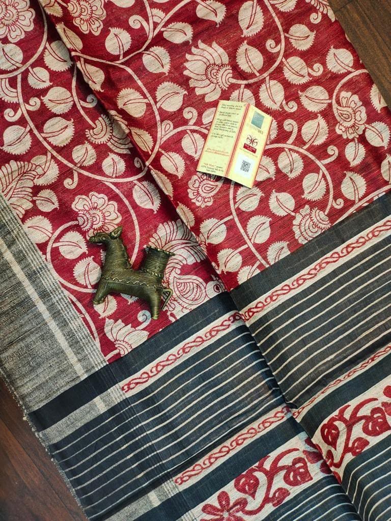Screen print on gheecha tussar saree with silk mark