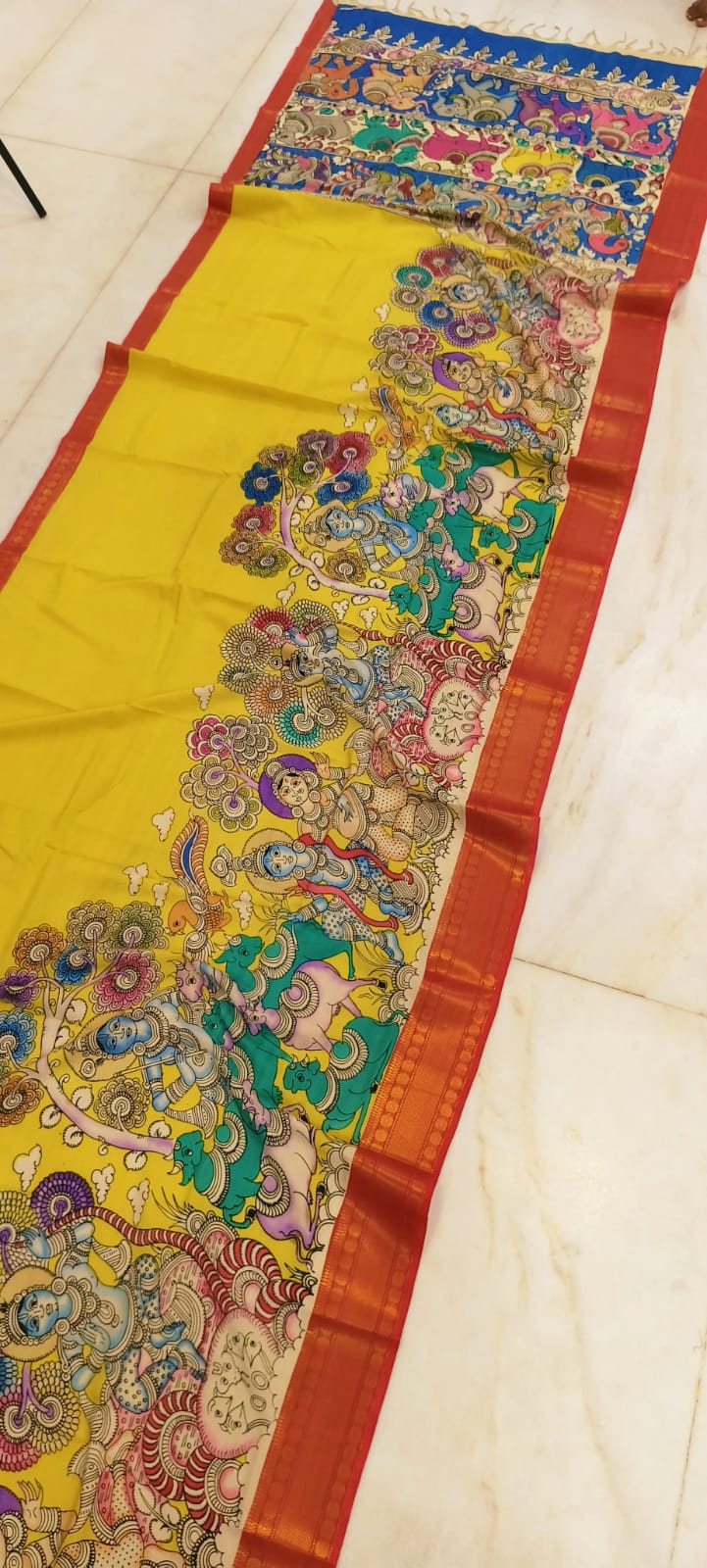 *Mangagiri silk sarees*
*Pen kalamkari sarees*
*Hand drawn hand painted sarees*
🌺🌺🌺🌺🌺🌺🌺
*Length 6.5 mtr*
*Width 44 inch*