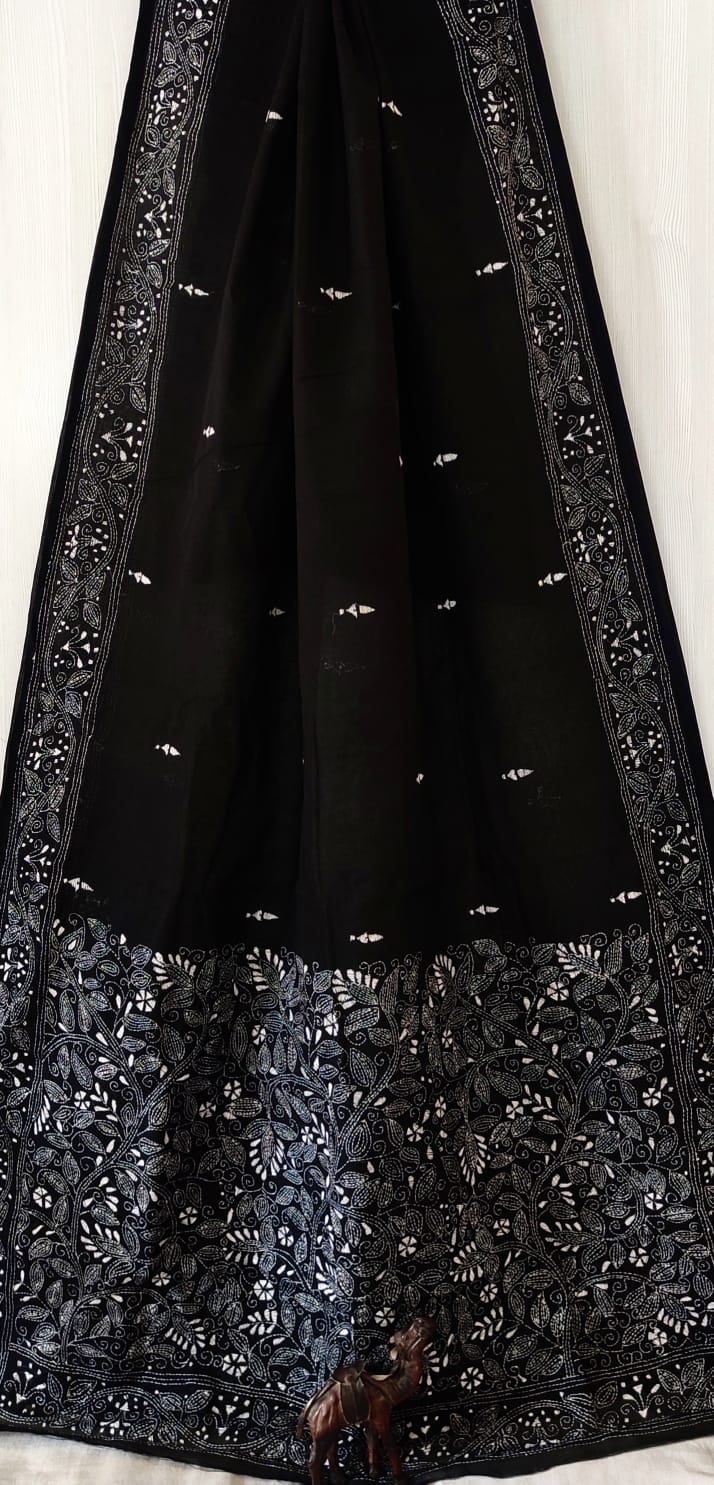Hand Kantha on cotton pure cotton without blouse piece