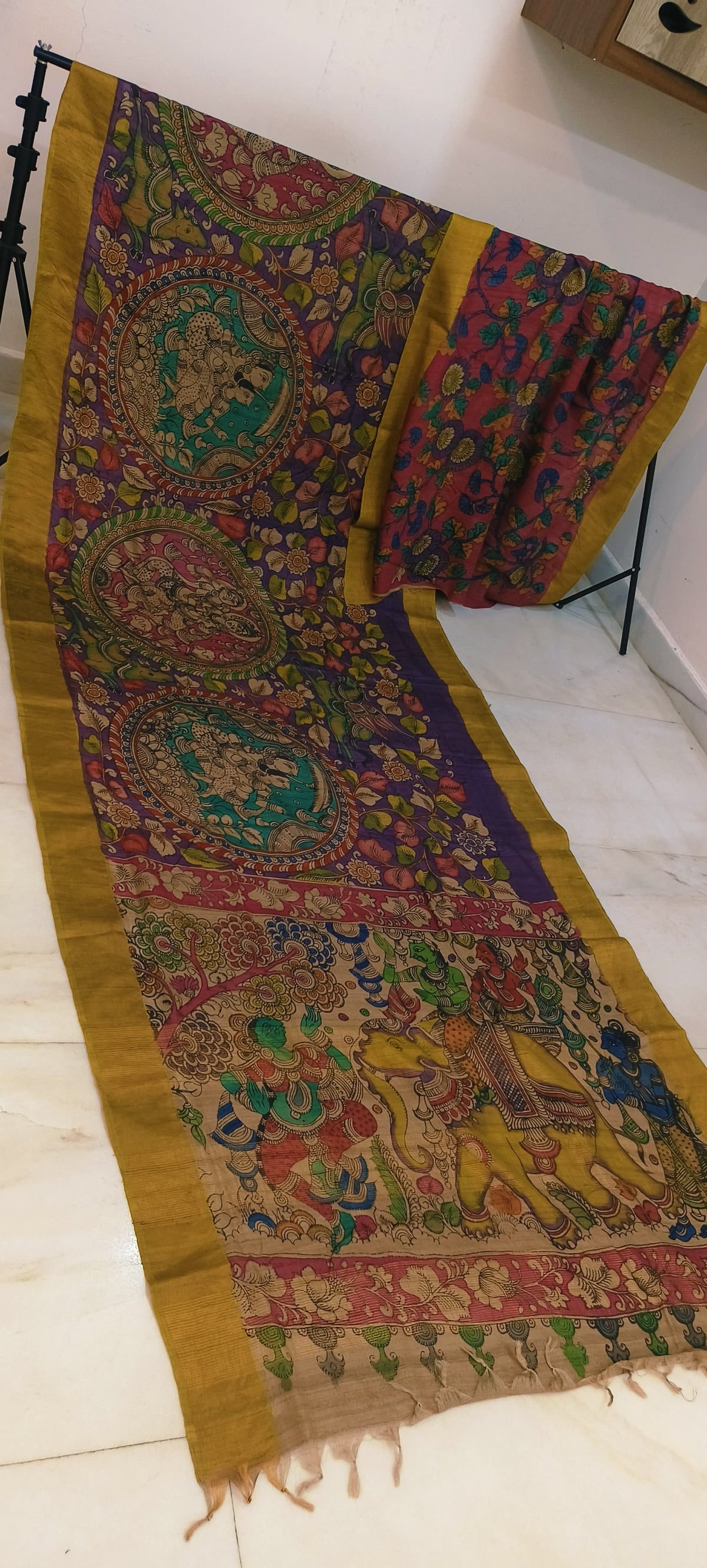 Pen kalamkari on tussar silk
pure desi tussar silk hand painted saree