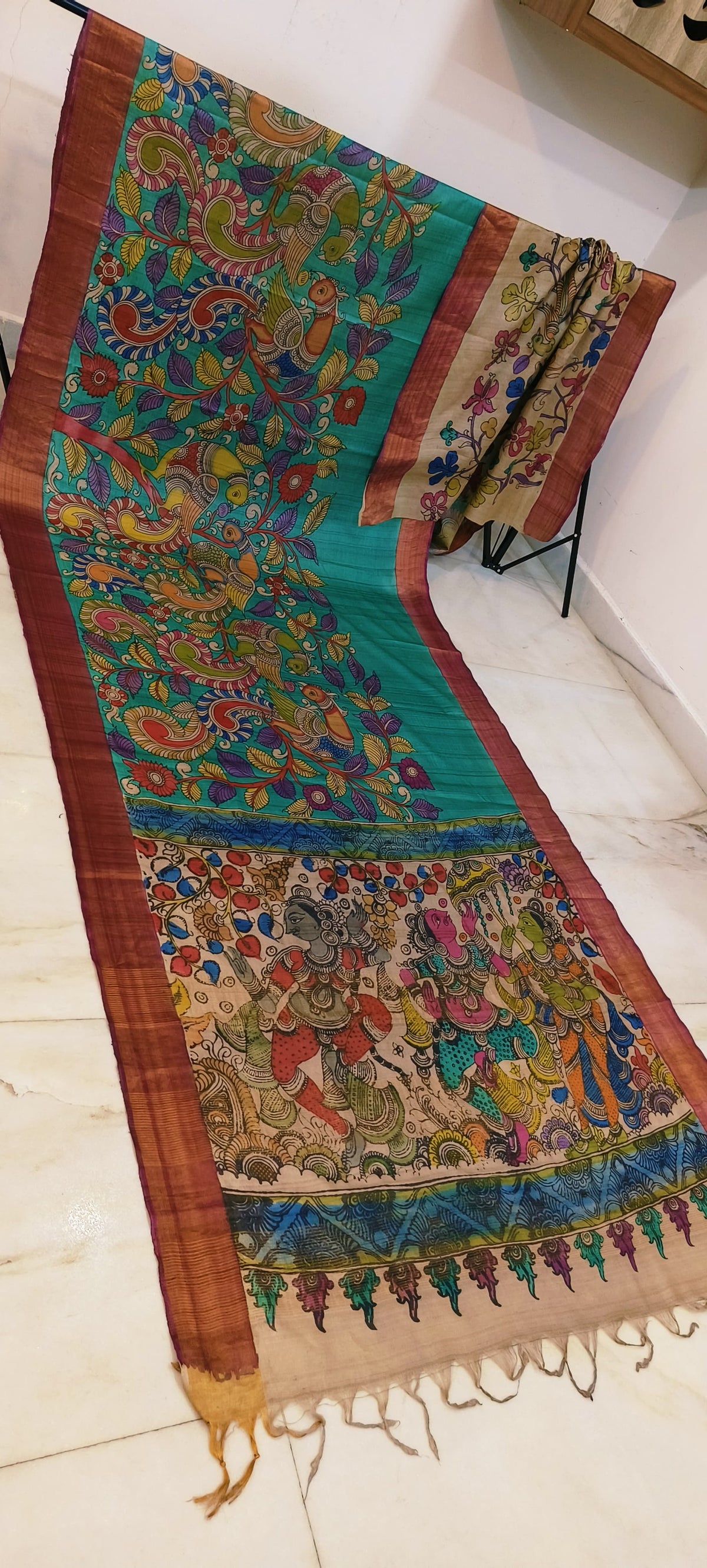 Pen kalamkari on tussar silk
pure desi tussar silk hand painted saree