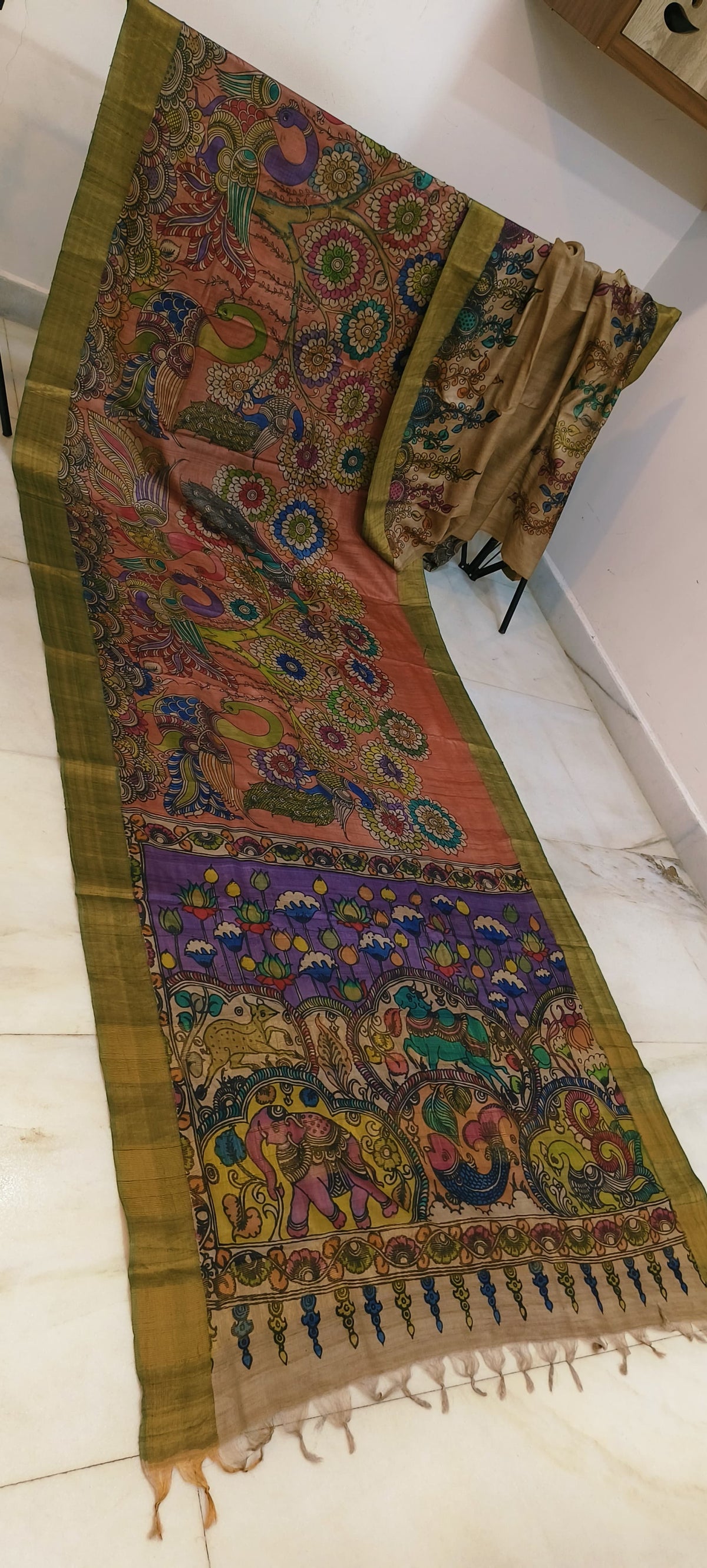 Pen kalamkari on tussar silk
pure desi tussar silk hand painted saree