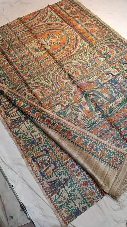 Fabric..Tussar by Ghicha with Beautiful All over Madhubani Hand paintingsilk sarees..
Premium quality and Fast delivery
Length 6.50 meter..Quality will be pure Handloom silk sarees..