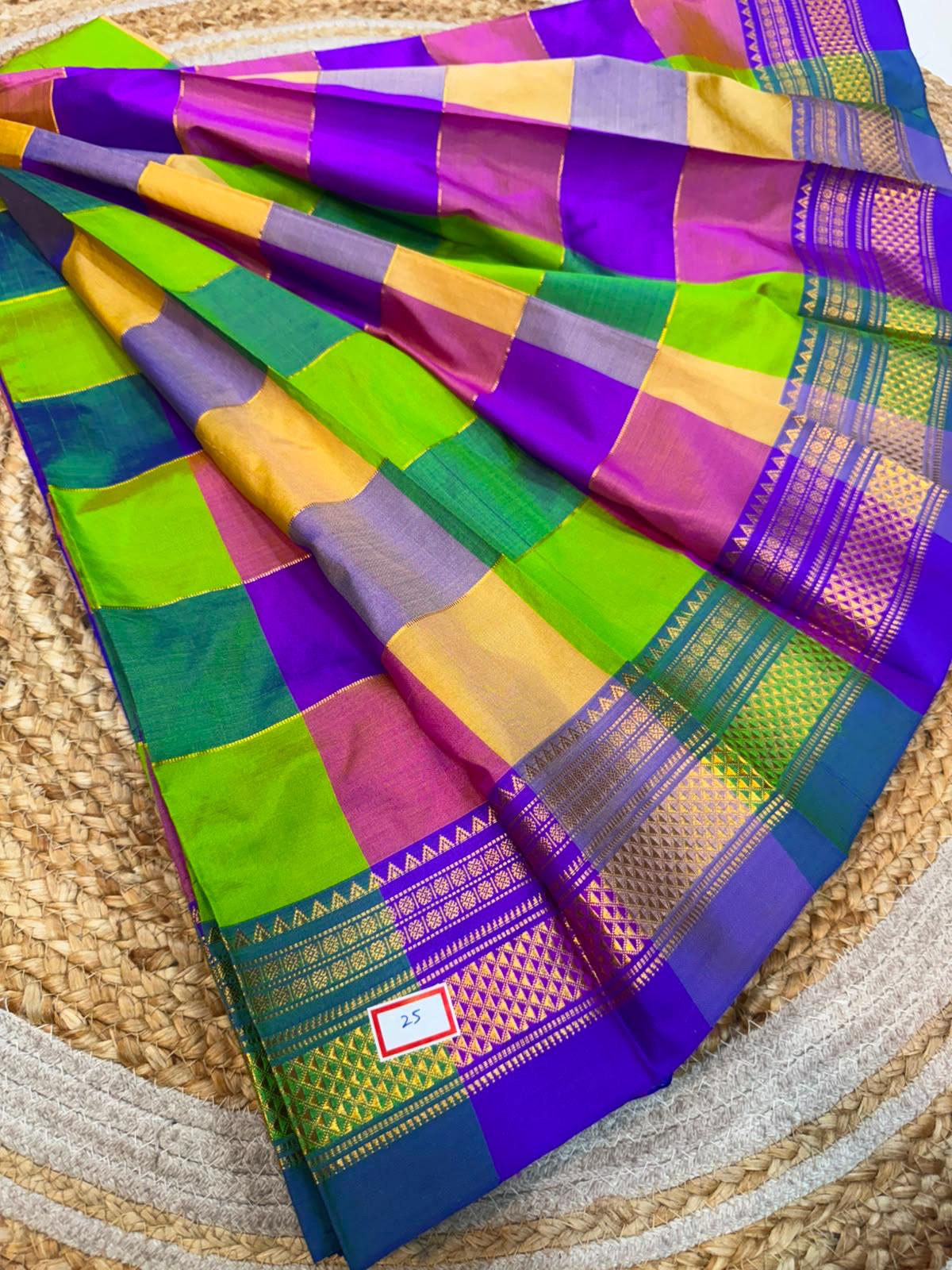 *ILKAL SAREE WITH SILK MARK*
Exclusive premium quality pure silk Multi colour checks with zari lines design ilkal saree With Fancy Temple design Jari Pallu and contrast blouse
6.10mtrs length
Premium quality ilkal saree