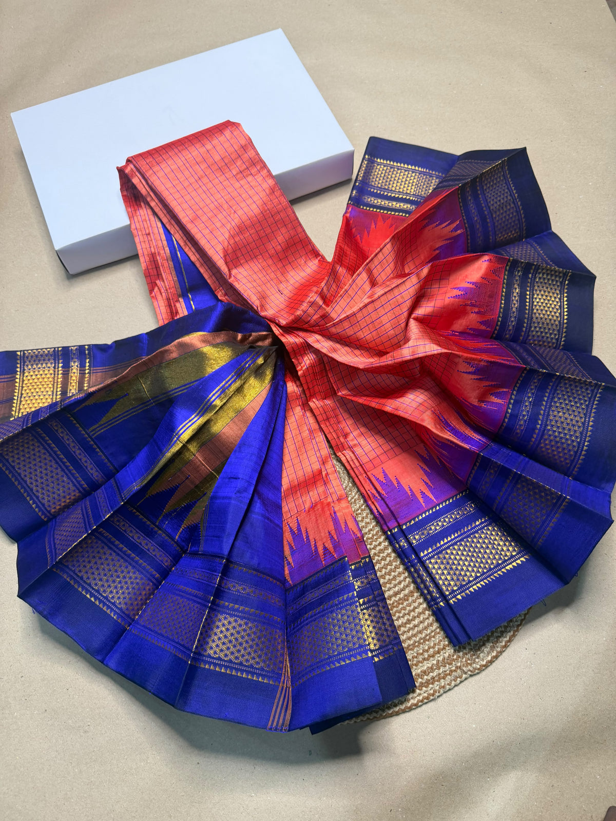 Material - pure silk
Border - chikki paras
Saree Name -ilkal pure silk small kaddi checks with small temple border saree
Pallu -multi tope silk pallu
Blouse -contrast
Handloom -yes
Saree length- 6.2