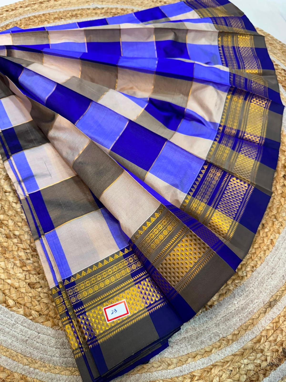 *ILKAL SAREE WITH SILK MARK*
Exclusive premium quality pure silk Multi colour checks with zari lines design ilkal saree With Fancy Temple design Jari Pallu and contrast blouse
6.10mtrs length
Premium quality ilkal saree