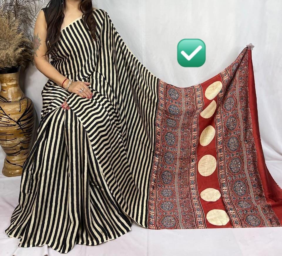 🥻 Pure Modal Silk Saree 🥻
🏕️ Natural / Vegetable Dyeing with Ajrakh Hand-Block Print
📦 All pics available
🎨 New colours / new patterns added 6.50...Full saree ..45..with