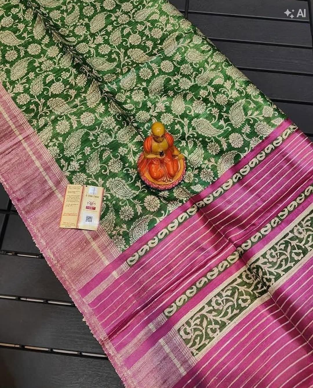 Screen print on gheecha tussar saree with silk mark
