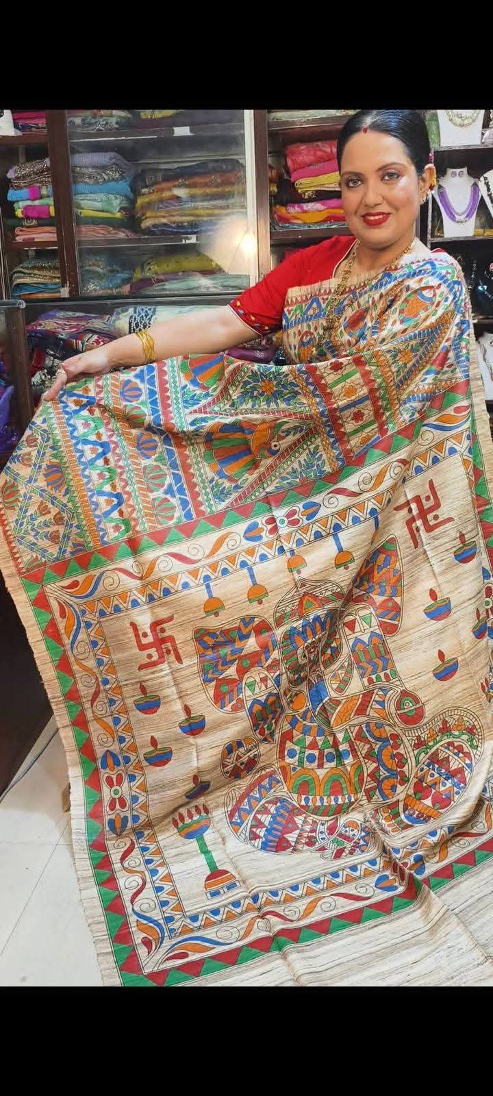 Fabric..Tussar by Ghicha with Beautiful All over Madhubani Hand paintingsilk sarees..
Premium quality and Fast delivery
Length 6.50 meter..Quality will be pure Handloom silk sarees..