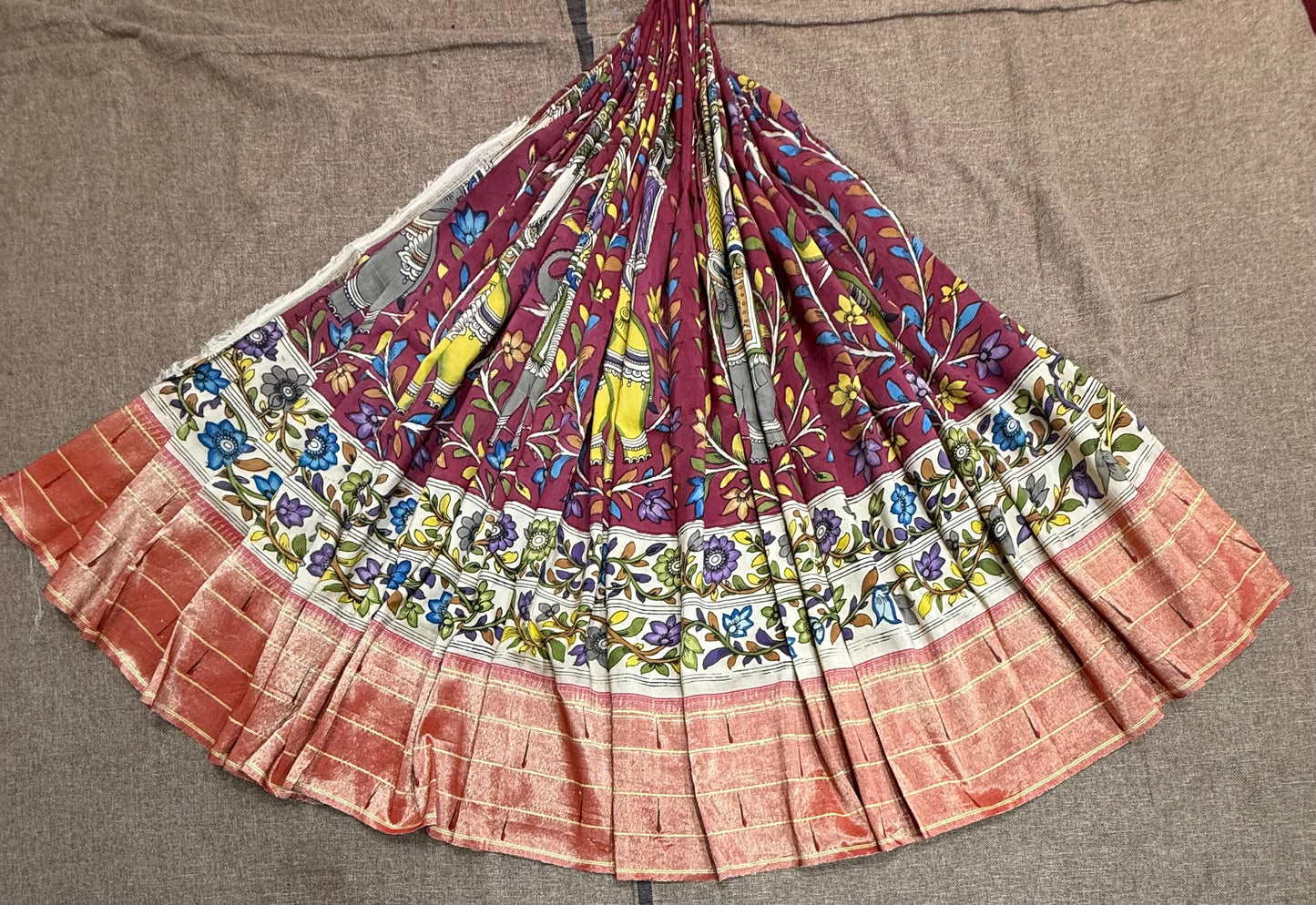 Vishal | kalamkari skirt on teen muniya paithani