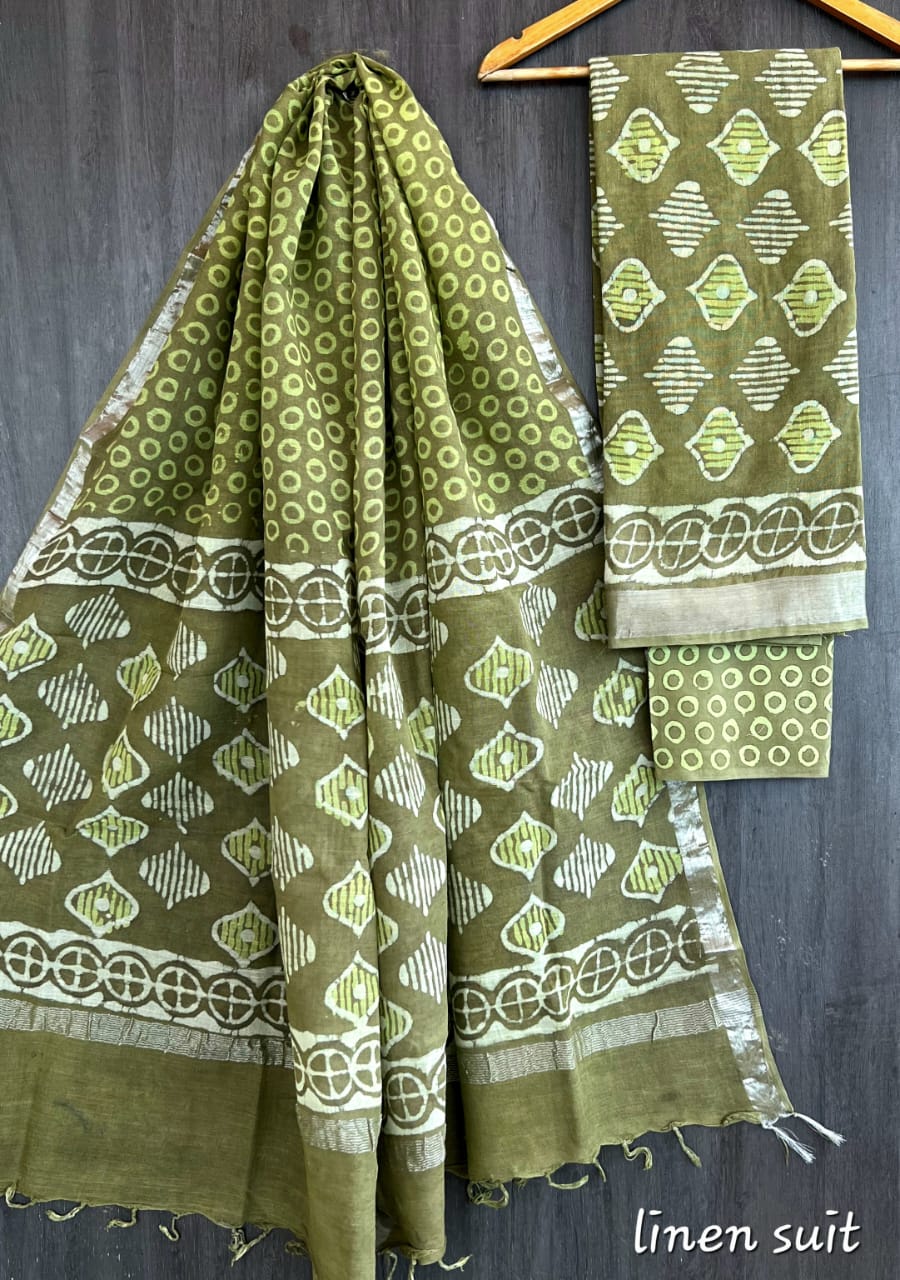 Isha | Hand Block Printed Linen Suit Set with Linen Cotton Dupatta