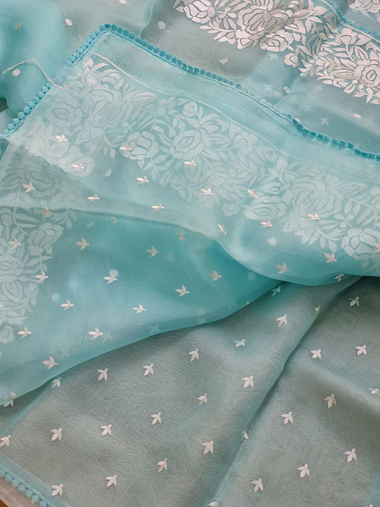 Samsoan| Organza silk parsi gara with embroidery and lace