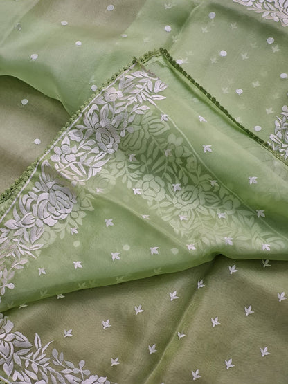 Soni | Organza silk parsi gara with embroidery and lace green