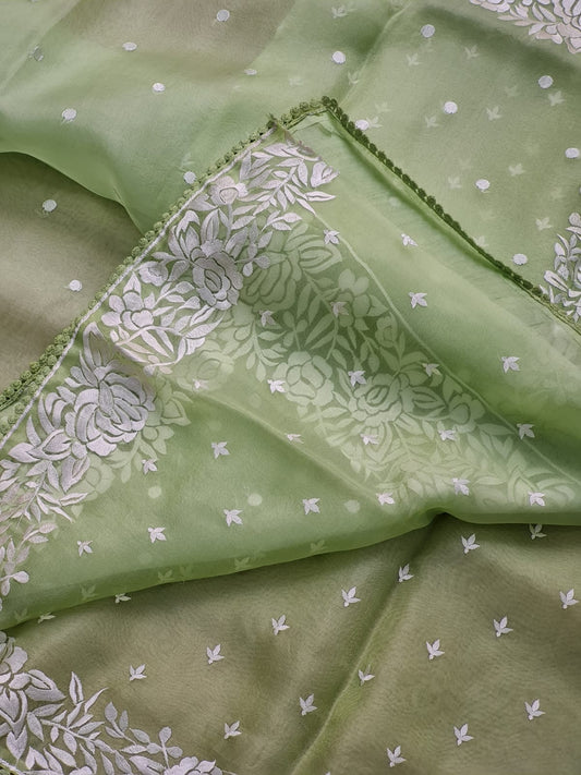 Soni | Organza silk parsi gara with embroidery and lace green