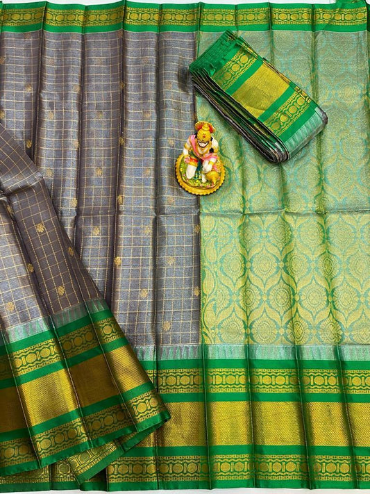Aadarshini | Mangalagiri Tissue Checks Butta With Gadwal Border Sarees In Dimgray  Color