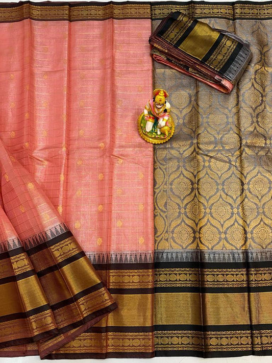 Aditi | Mangalagiri Tissue Checks Butta With Gadwal Border Sarees In Pink Color