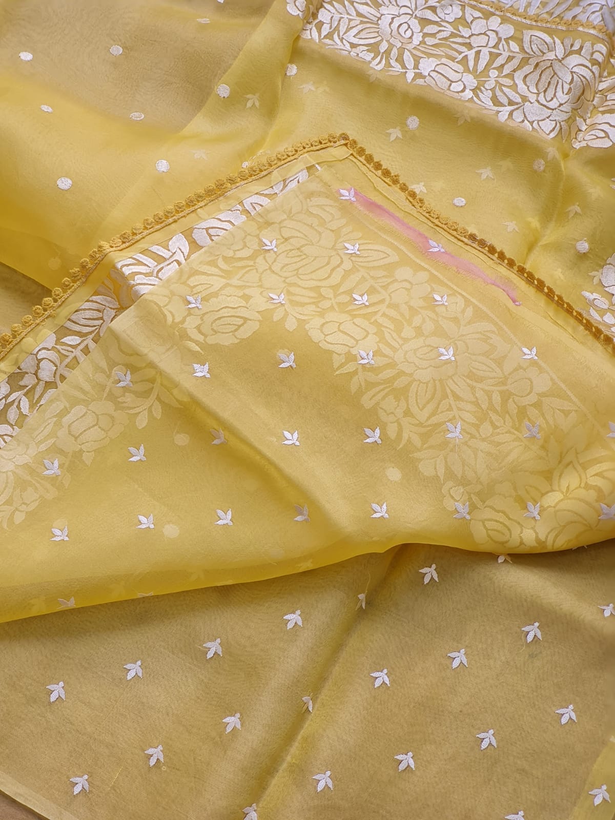 Soni | Organza silk parsi gara with embroidery and lace yellow