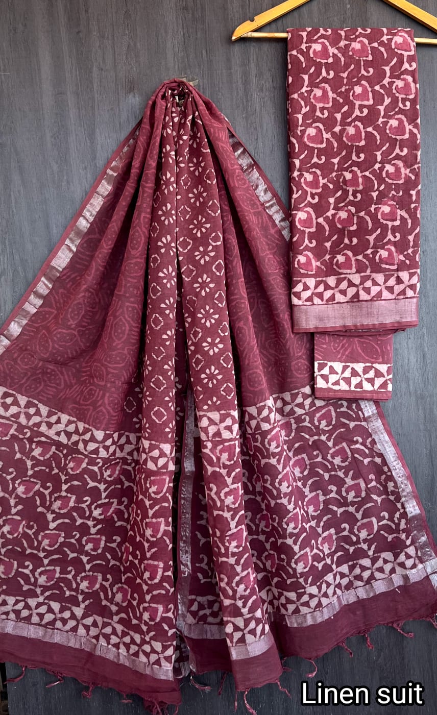 Fatma | Hand Block Printed Linen Suit Set with Linen Cotton Dupatta