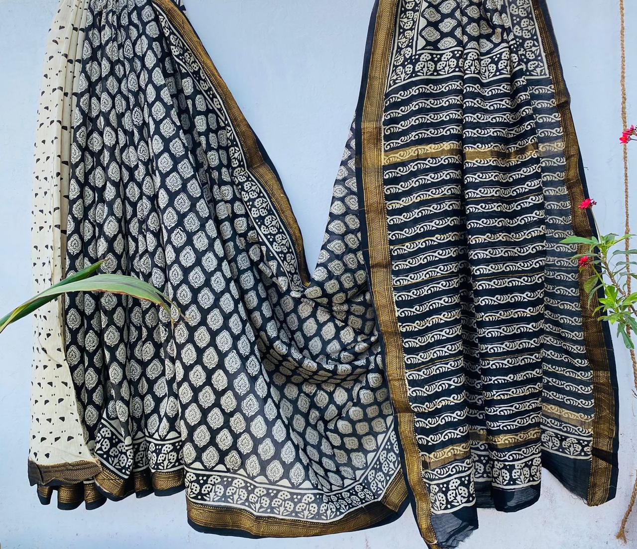 Chetana | Block printed Maheshwari Silk Saree