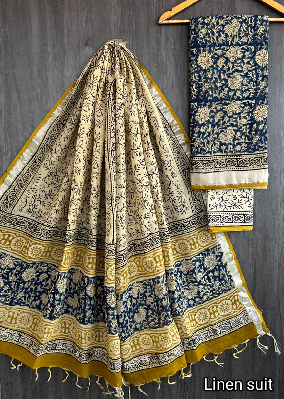 Erica | Hand Block Printed Linen Suit Set with Linen Cotton Dupatta