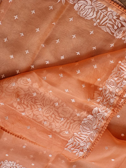 Soni | Organza silk parsi gara with embroidery and lace orange