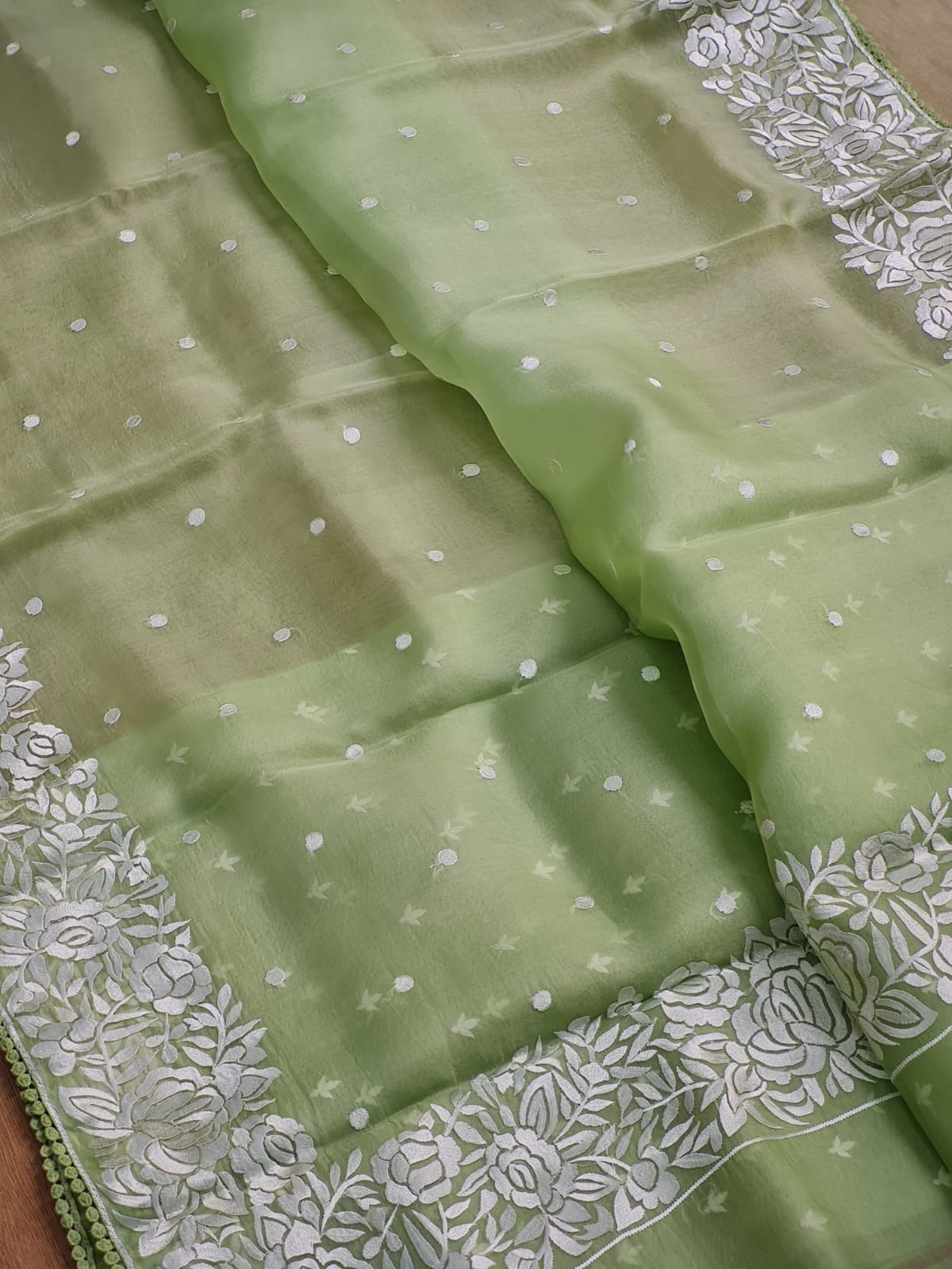 Soni | Organza silk parsi gara with embroidery and lace green