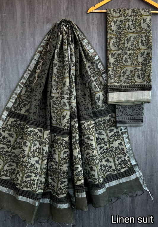 Dia | Hand Block Printed Linen Suit Set with Linen Cotton Dupatta