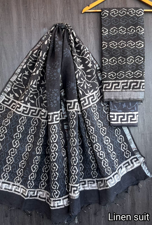 Gayathri | Hand Block Printed Linen Suit Set with Linen Cotton Dupatta