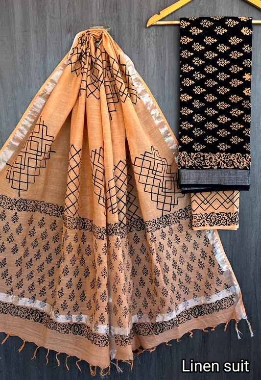 Girija | Hand Block Printed Linen Suit Set with Linen Cotton Dupatta