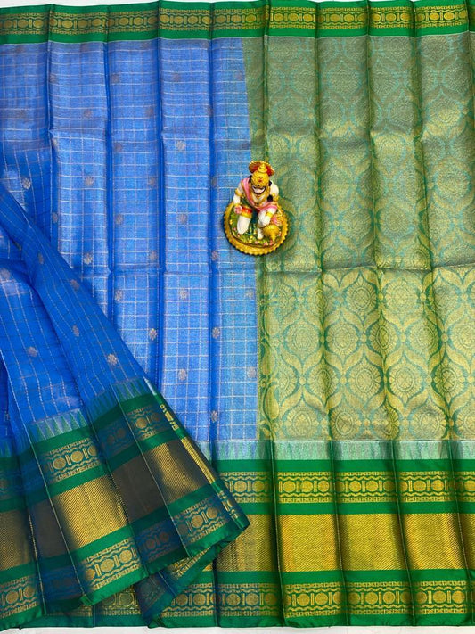 Anika | Mangalagiri Tissue Checks Butta With Gadwal Border Sarees In Dodgerblue Color