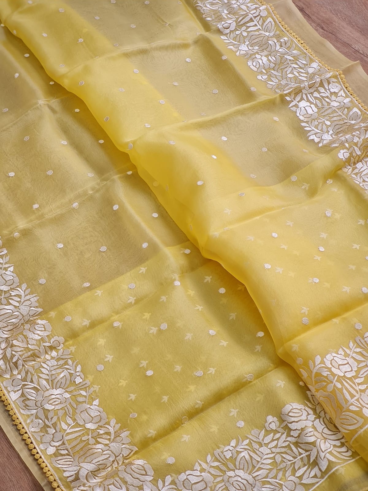 Soni | Organza silk parsi gara with embroidery and lace yellow