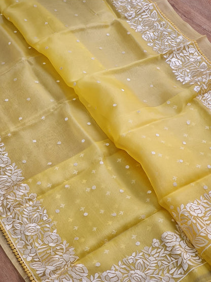 Soni | Organza silk parsi gara with embroidery and lace yellow