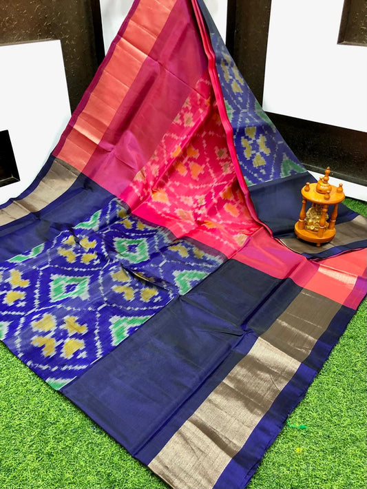 Saira | ikat design silk sarees - darkslateblue and deeppink