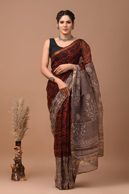 Nia | Kota Doriya Saree with Bagru Prints