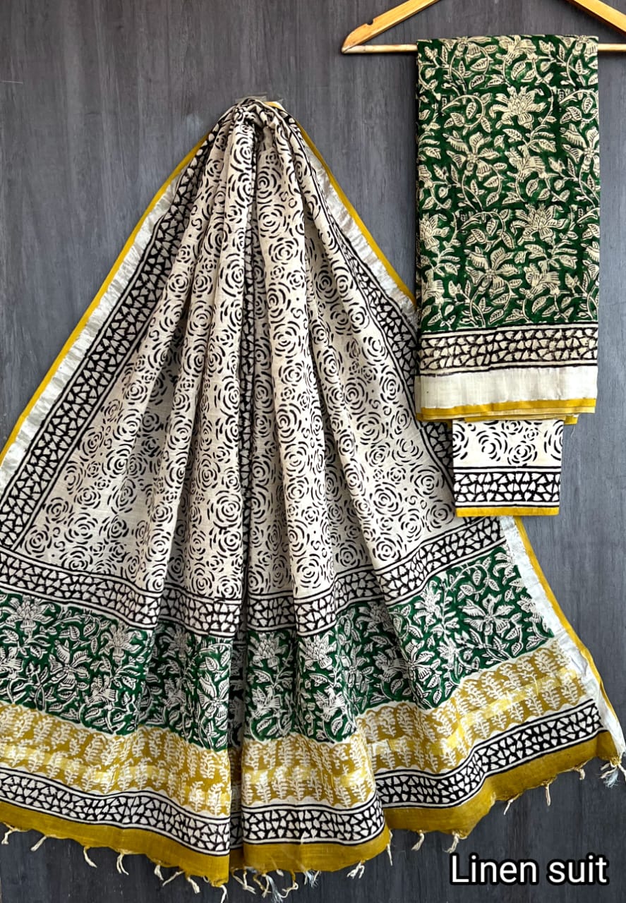 Fatima | Hand Block Printed Linen Suit Set with Linen Cotton Dupatta